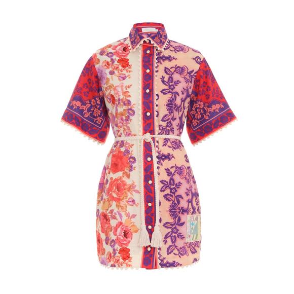 Zimmermann 'Raie' Red Cotton Trimmed Shirt Dress Size P